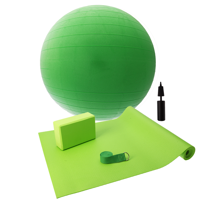 Набор для йоги (коврик+блок+ремень+мяч гимнаст+насос), цвет зеленый - 1